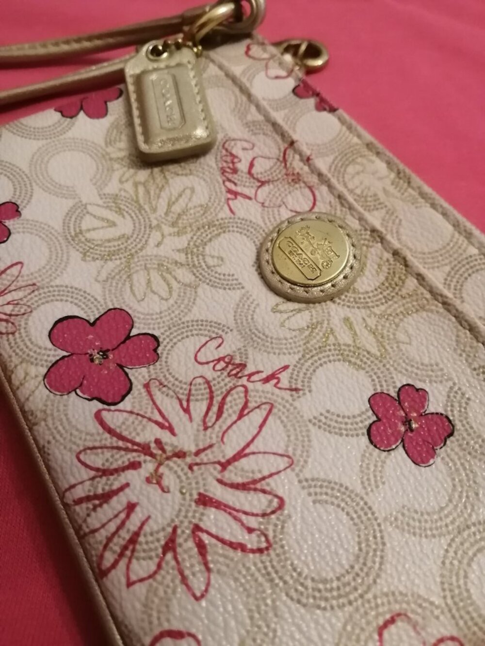 Coach Waverly Wristlet, Signature Dots with Cherry Blossoms